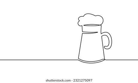 One continuous line beer mug symbol. Single line drawing. Holiday alcohol drink refreshing summer beverage restaurant doodle vector illustration