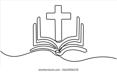 one continuous line bible.one line drawing of Christian holy book. Bible linear icon. One line drawing background.	