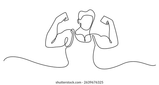 one continuous line of big man showing arm muscles.one line drawing of athlete.vector illustration of healthy man line art