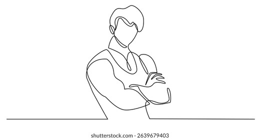 one continuous line of big muscular man folding arms.one line drawing of sportsman.vector illustration of healthy man line art