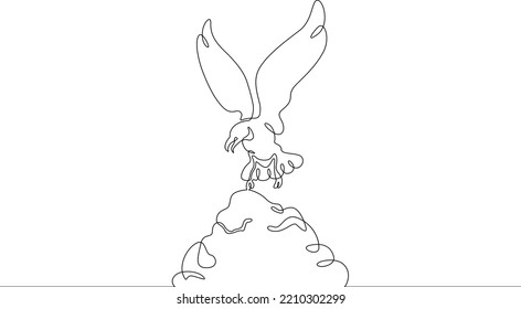 One continuous line.The bird takes off from the cliff. The bird spreads its wings. Bird on top of the mountain. One continuous line is drawn on a white background.