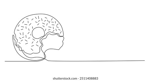 Una línea continua mordida donut.one línea donut drawing.one línea concepto de panadería.single línea Ilustración vectorial.aislado fondo blanco