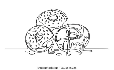 one continuous line bitten donut. pro donut drawing. bakery vector concept.single line vector illustration. isolated white background, Continuous Line Drawing of Donut Icon. Hand Drawn Symbol.
