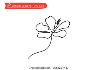 One continuous line of blooming hibiscus flower image. Vector illustration of simple one line hibiscus flower image for symbol, icon, logo. Hibiscus flower image for greeting card, wallpaper, poster, 