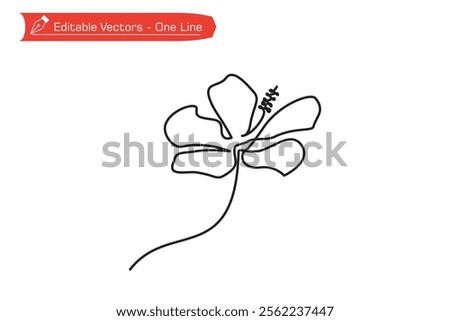 One continuous line of blooming hibiscus flower image. Vector illustration of simple one line hibiscus flower image for symbol, icon, logo. Hibiscus flower image for greeting card, wallpaper, poster, 