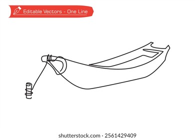 One continuous line of boat moored on the river bank. Vector illustration of boat symbolizing waters, river, beach, ocean. One line boat drawing theme Heading to camp.