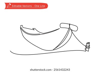 One continuous line of a boat moored on river bank. Vector illustration of single line wooden boat image as an icon, symbol or logo of waters, dock, river, estuary, beach, ocean, and adventure.