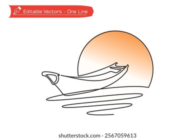 One continuous line of boat on beach with orange sun or moon background. Vector illustration of one line drawing of beach, boat, moon, sun. As beach tourism icon during sunset, sunrise, full moon.