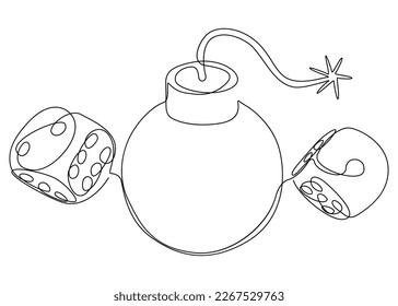 Una línea continua de Bomba y dados. Concepto vectorial de Ilustración de líneas delgadas. Contour Drawing Ideas Creativas.