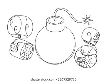 One continuous line of Bomb and dice. Thin Line Illustration vector concept. Contour Drawing Creative ideas.
