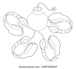 Una línea continua de bomba con auriculares. Concepto de Vector de ilustración de línea delgada. Contour Drawing Ideas creativas.