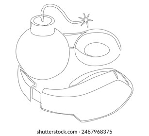 One continuous line of bomb with headphones. Thin Line Illustration vector concept. Contour Drawing Creative ideas.