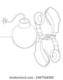 Eine durchgehende Bombenlinie mit Kopfhörern. In: Thin Line Illustration Vektorgrafik Concept. Konturzeichnung Kreative Ideen.