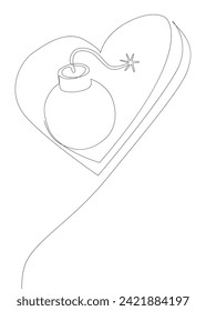 One continuous line of bomb and heart shape. Thin Line Illustration Explosive Love vector concept. Contour Drawing Creative ideas.