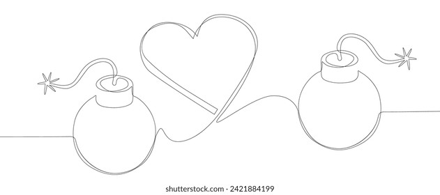 One continuous line of bomb and heart shape. Thin Line Illustration Explosive Love vector concept. Contour Drawing Creative ideas.