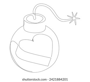 One continuous line of bomb and heart shape. Thin Line Illustration Explosive Love vector concept. Contour Drawing Creative ideas.