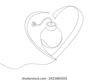 Una línea continua de bomba y forma cardíaca. Ilustración delgada concepto vector de amor explosivo. Contour Drawing Ideas Creativas.