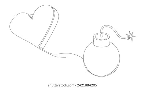 Eine durchgehende Linie von Bombe und Herzform. Illustration der dünnen Linie Explosive Liebe Vektorkonzept. Erstellen Sie kreative Ideen.