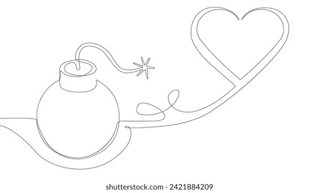 One continuous line of bomb and heart shape. Thin Line Illustration Explosive Love vector concept. Contour Drawing Creative ideas.