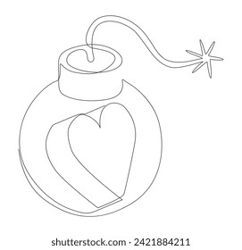 One continuous line of bomb and heart shape. Thin Line Illustration Explosive Love vector concept. Contour Drawing Creative ideas.