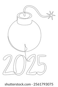 One continuous line of bomb with number 2025. Thin Line Illustration vector concept. Contour Drawing Creative ideas.