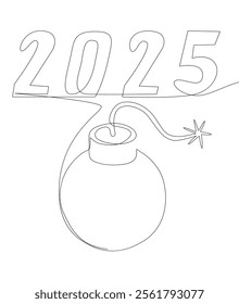 One continuous line of bomb with number 2025. Thin Line Illustration vector concept. Contour Drawing Creative ideas.