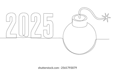 One continuous line of bomb with number 2025. Thin Line Illustration vector concept. Contour Drawing Creative ideas.