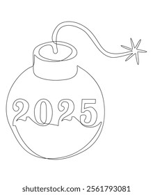 One continuous line of bomb with number 2025. Thin Line Illustration vector concept. Contour Drawing Creative ideas.