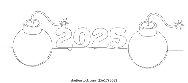 One continuous line of bomb with number 2025. Thin Line Illustration vector concept. Contour Drawing Creative ideas.