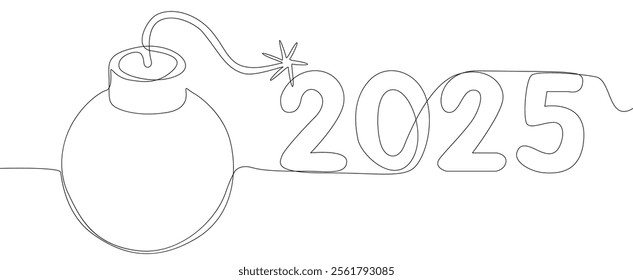One continuous line of bomb with number 2025. Thin Line Illustration vector concept. Contour Drawing Creative ideas.