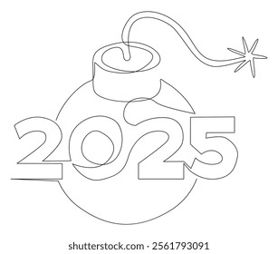 One continuous line of bomb with number 2025. Thin Line Illustration vector concept. Contour Drawing Creative ideas.