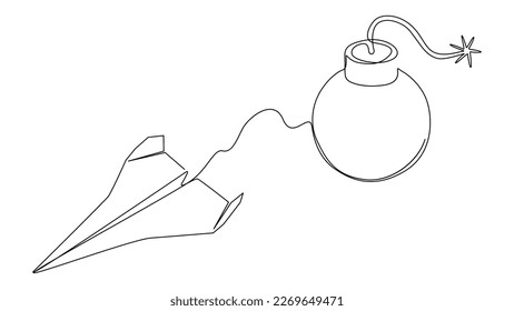 Una línea continua de bomba y avión de papel. Concepto vectorial de Ilustración de líneas delgadas. Contour Drawing Ideas Creativas.