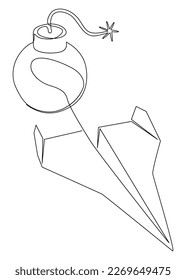 One continuous line of bomb and paper airplane. Thin Line Illustration vector concept. Contour Drawing Creative ideas.