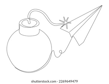 Una línea continua de bomba y avión de papel. Concepto vectorial de Ilustración de líneas delgadas. Contour Drawing Ideas Creativas.