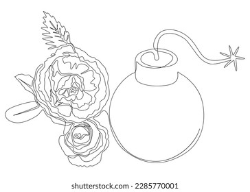 Una línea continua de Bomba con flores rosadas. Concepto vectorial de Ilustración de líneas delgadas. Contour Drawing Ideas Creativas.