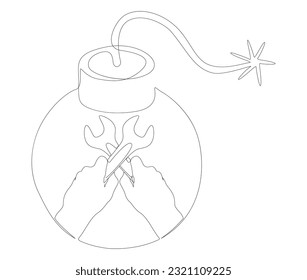 One continuous line of bomb and wrench. Thin Line Illustration vector concept. Contour Drawing Creative ideas.