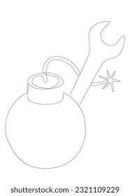Una línea continua de bomba y llave. Concepto vectorial de Ilustración de líneas delgadas. Contour Drawing Ideas Creativas.