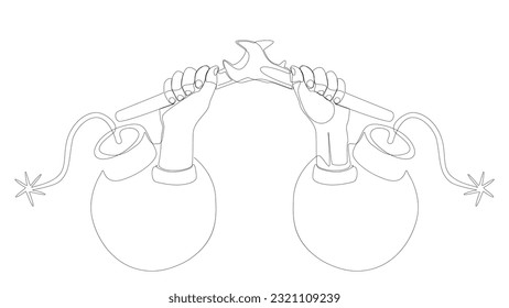 One continuous line of bomb and wrench. Thin Line Illustration vector concept. Contour Drawing Creative ideas.