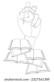 Una línea continua de libro con reloj de alarma. Concepto vectorial de Ilustración Educativa de Línea Delgada. Contemplar el dibujo de ideas creativas para el tiempo de aprender.