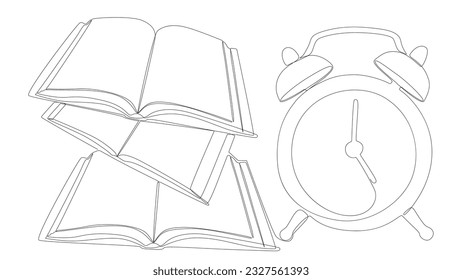 Una línea continua de libro con reloj de alarma. Concepto vectorial de Ilustración Educativa de Línea Delgada. Contemplar el dibujo de ideas creativas para el tiempo de aprender.