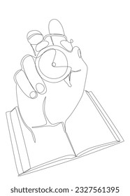 One continuous line of Book with Alarm Clock. Thin Line Educational Illustration vector concept. Contour Drawing Creative ideas for time to learn.