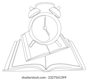 Una línea continua de libro con reloj de alarma. Concepto vectorial de Ilustración Educativa de Línea Delgada. Contemplar el dibujo de ideas creativas para el tiempo de aprender.