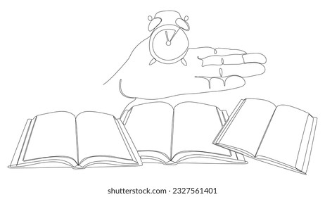 One continuous line of Book with Alarm Clock. Thin Line Educational Illustration vector concept. Contour Drawing Creative ideas for time to learn.
