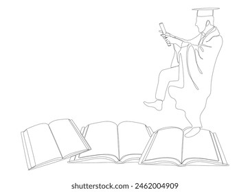 One continuous line of Book with college graduate, university student graduation. Thin Line Illustration vector concept. Contour Drawing Creative ideas.