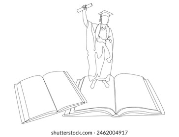 One continuous line of Book with college graduate, university student graduation. Thin Line Illustration vector concept. Contour Drawing Creative ideas.