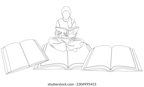 One continuous line of Book with girl reading. Thin Line Illustration vector education concept. Contour Drawing Creative ideas.