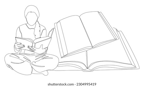 One continuous line of Book with girl reading. Thin Line Illustration vector education concept. Contour Drawing Creative ideas.