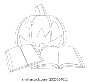 Uma linha contínua de Livro com Halloween Jack O' Lantern. Conceito de vetor de Ilustração de Linha Fina. Desenho de contorno Ideias criativas.