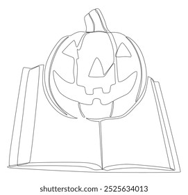 Uma linha contínua de Livro com Halloween Jack O' Lantern. Conceito de vetor de Ilustração de Linha Fina. Desenho de contorno Ideias criativas.