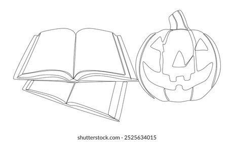 Uma linha contínua de Livro com Halloween Jack O' Lantern. Conceito de vetor de Ilustração de Linha Fina. Desenho de contorno Ideias criativas.